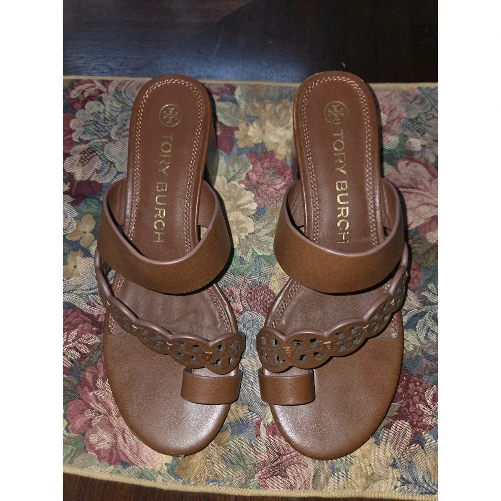 Tory Burch Sz 7.5 Brown Burnt Cuoio Tiny Miller Toe Ring Sandals 2.5